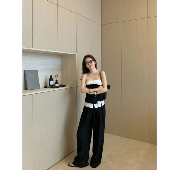 Wrapped chest Pseudo-two casual pants a set